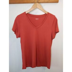 QUINCE L Burnt Sienna Cotton Modal V-Neck Tee Soft Coral Orange Casual